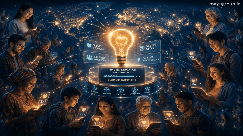 A glowing central idea connected to people across the world through digital lines, representing global crowdfunding participation.