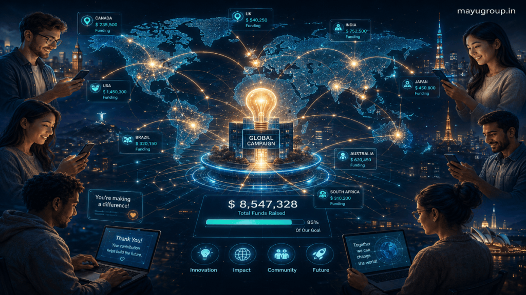 Global digital network showing people contributing money through devices to a central project, representing worldwide campaign funding participation.