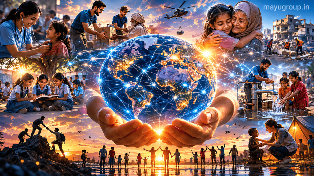 A glowing digital globe connected by light trails symbolizing global charity funding, surrounded by humanitarian scenes like healthcare, education, and disaster relief.