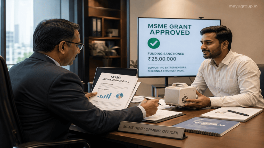 A professional office scene where a funding officer reviews a business proposal while a small business owner presents a project and prototype.