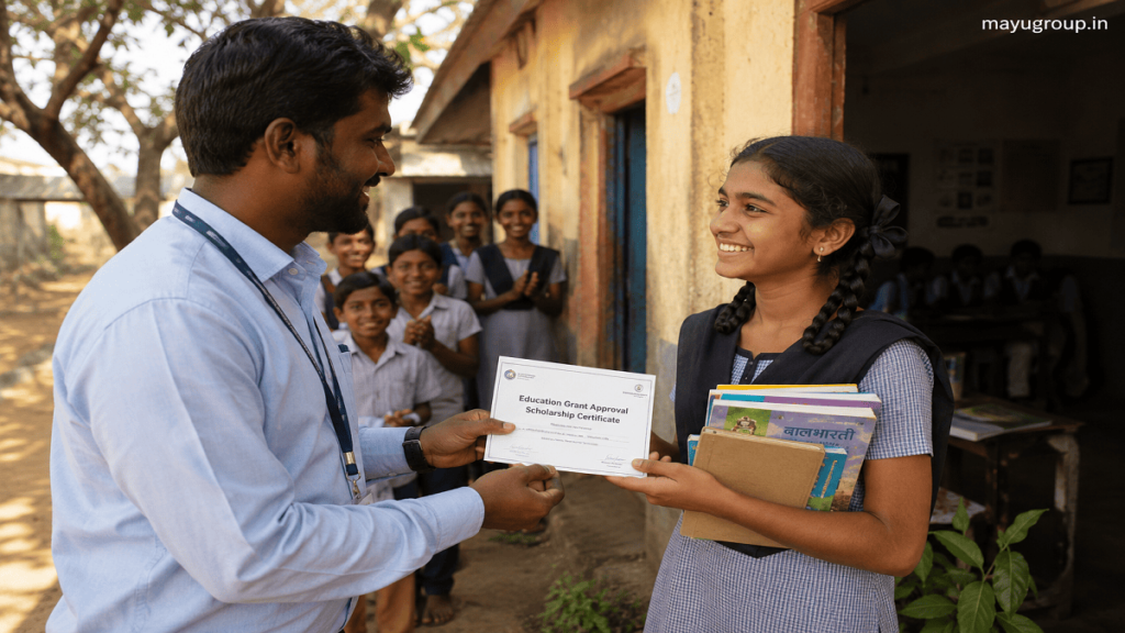 A student receiving a scholarship or education grant certificate from an educator in a rural school setting.