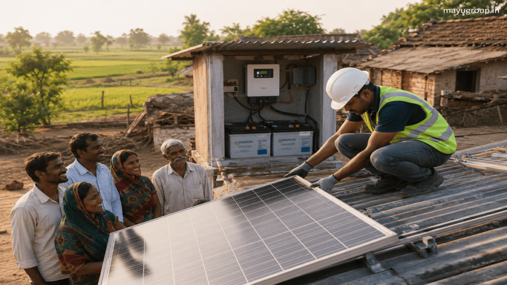 Technician installing solar panels in a rural village while residents observe a clean energy setup.
