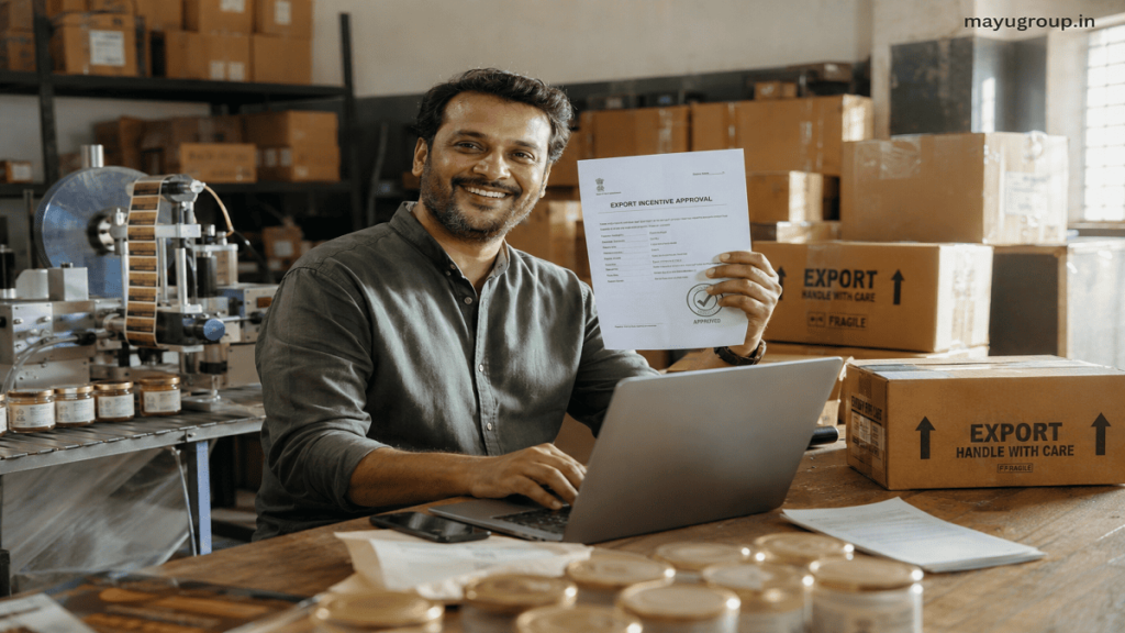 Export Incentives. Small business owner reviewing export incentive approval documents in a workshop with packaged goods ready for shipment.