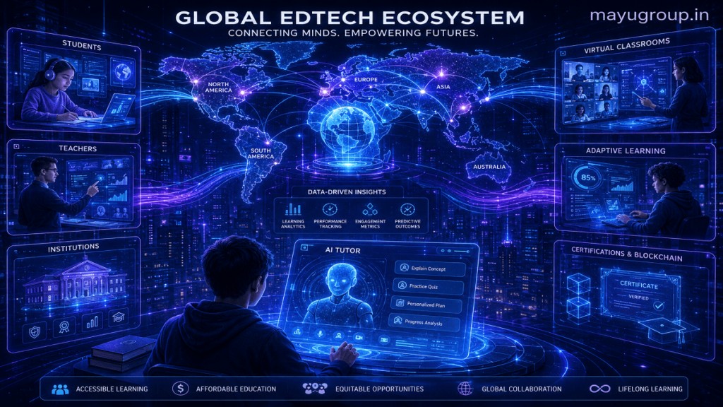 Futuristic global education system with holographic classrooms, AI tutors, and digital learning networks connecting students worldwide.