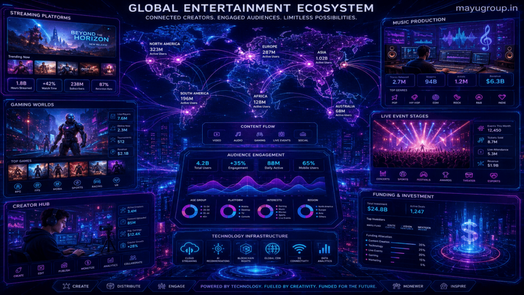 Futuristic entertainment ecosystem showing streaming platforms, gaming, music, and live events connected through digital networks.