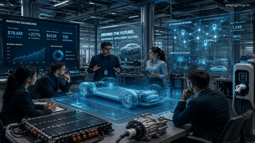 Engineers and investors analyzing electric vehicle technology in a futuristic lab with holographic EV systems and battery models.