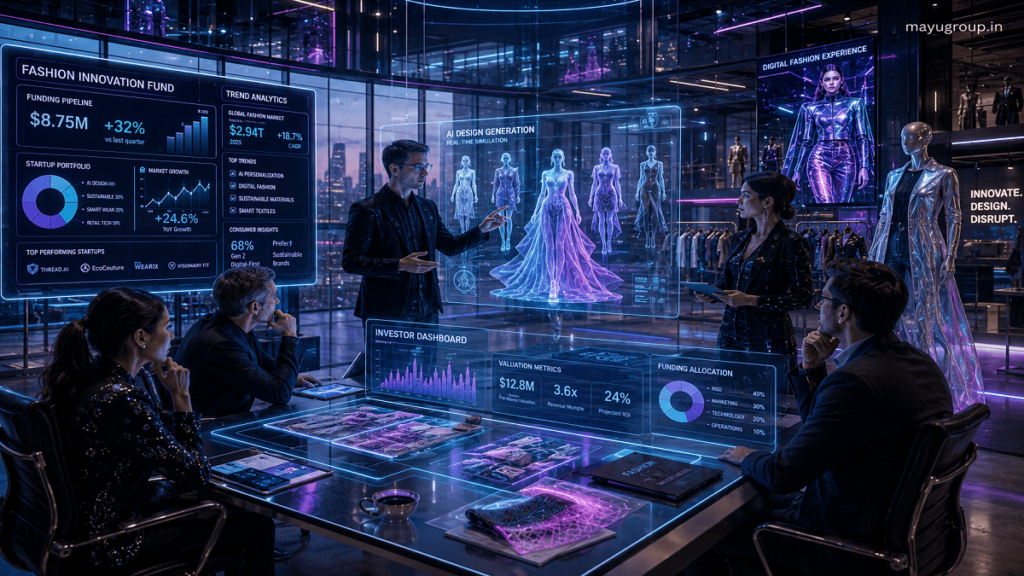 Investors and designers interacting with holographic fashion designs and digital funding dashboards in a futuristic workspace.