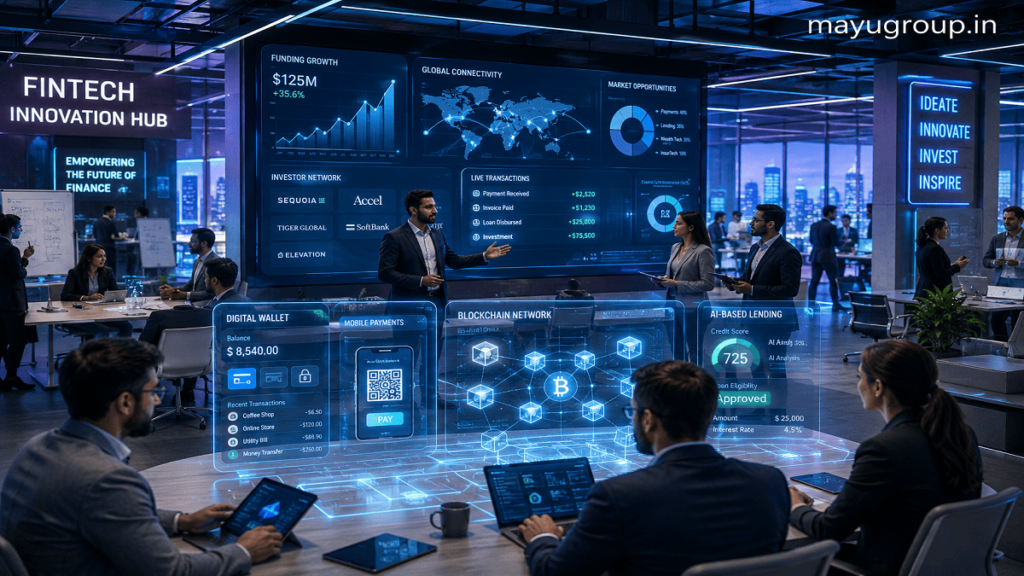Startup founders and investors collaborating on digital finance solutions with holographic screens showing fintech systems and funding data.A modern FinTech innovation hub showcasing collaboration between startups and investors on financial technology solutions.