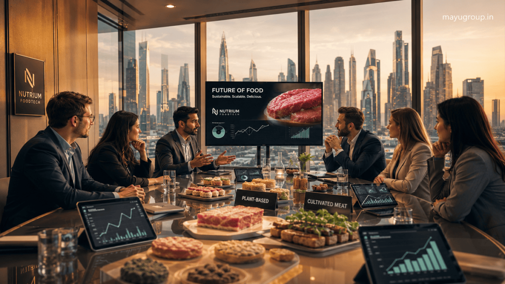 Venture capital investors and FoodTech startup founders discussing innovations and funding in a modern glass office overlooking a city skyline.