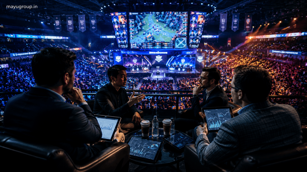 Investors discussing gaming funding in a large esports arena during a global tournament with crowds and digital screens.