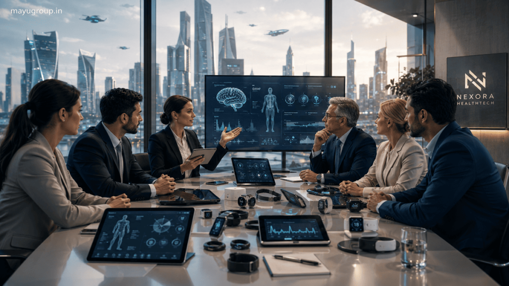 HealthTech Investment. Healthcare investors and startup founders discussing digital health innovations with wearable devices and AI dashboards in a modern office.