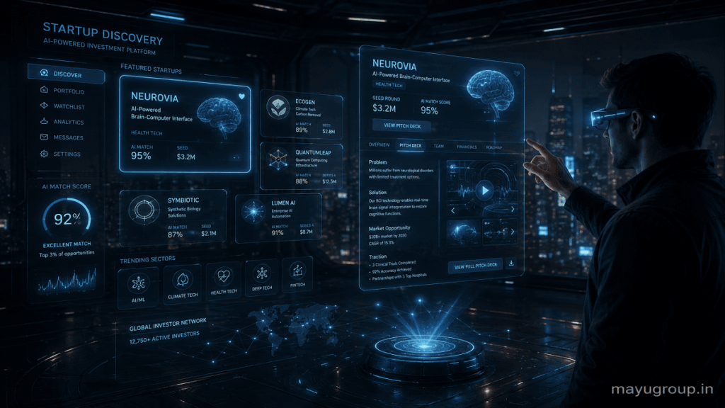 Futuristic holographic startup listing platform with floating UI panels and user interacting through hand gestures in a dark tech environment.