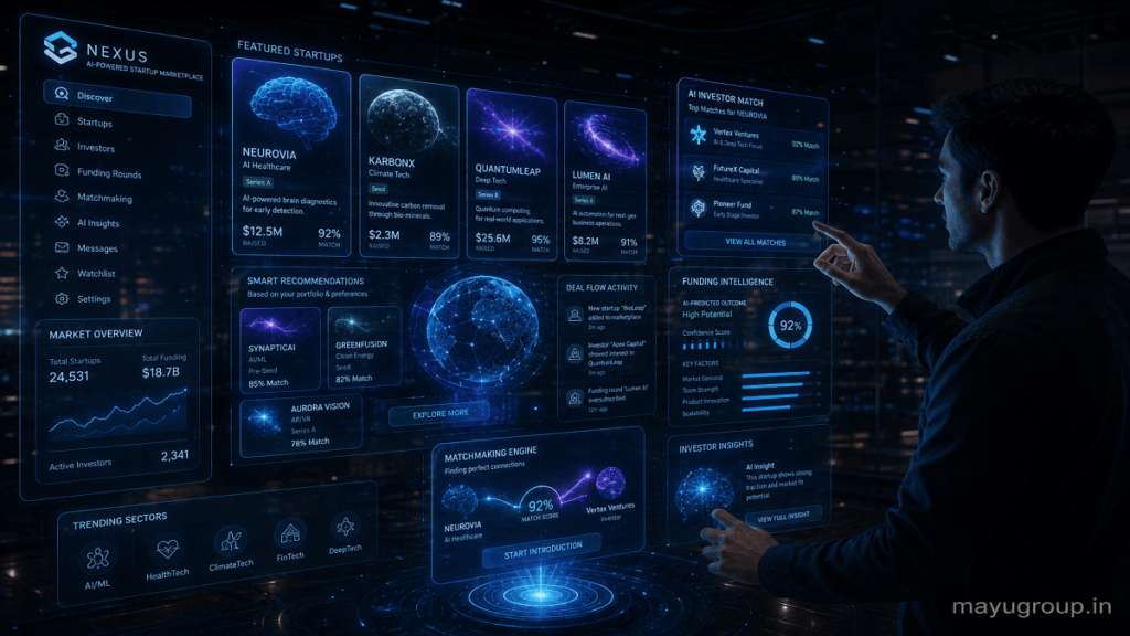 Futuristic holographic startup marketplace interface with floating startup profiles and investor matching panels in a dark high-tech environment.