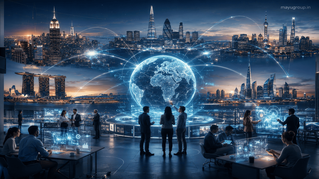 Futuristic global network connecting startup teams and corporate hubs through glowing digital pathways and interactive technology interfaces.