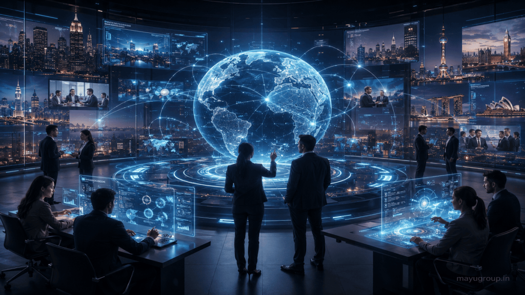 Global network of startups and corporate hubs connected through digital glowing pathways and futuristic collaboration interfaces.