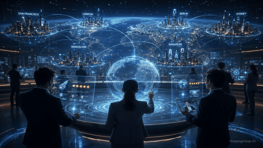 Futuristic global network showing startups being evaluated through digital rating systems and holographic interfaces.