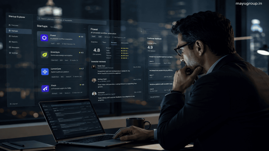 Business professionals analyzing startup reviews on digital screens in a modern office environment with data dashboards and user feedback interfaces.