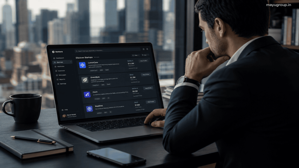 Professionals analyzing venture listings on digital dashboards in a modern office environment with startup profiles and funding data displayed on screens.