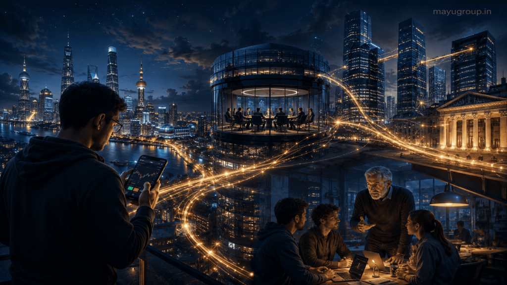 A futuristic cityscape representing different investor types, including retail investors, angel investors, venture capital firms, and institutional investors connected through glowing financial networks.