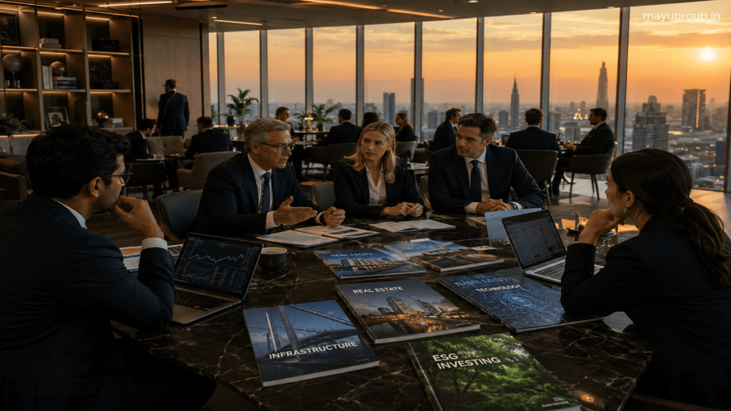 Institutional investors and financial analysts collaborating in a luxury strategy lounge reviewing investment portfolios and global asset trends