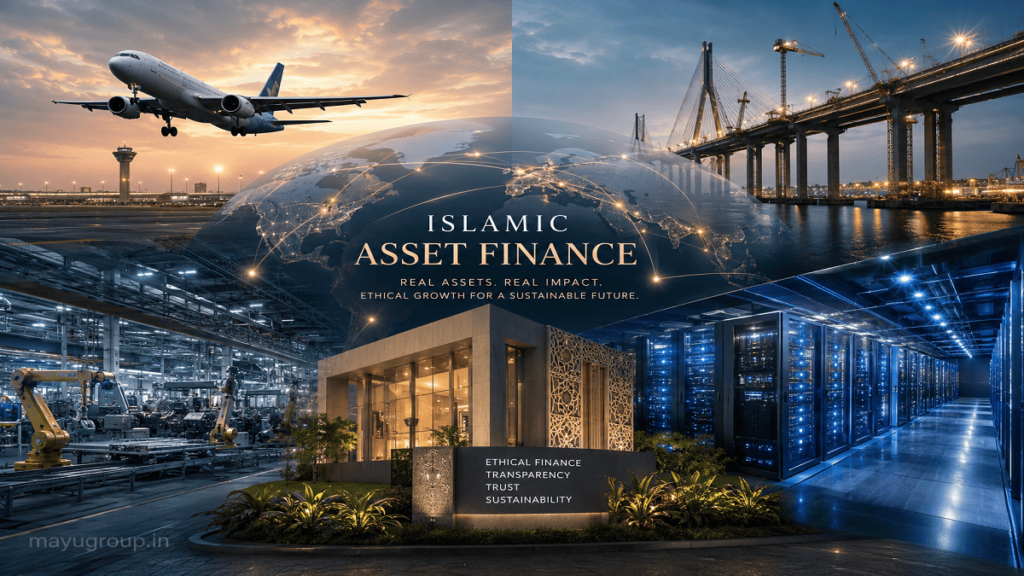 A futuristic global Islamic asset finance network showing aircraft, factories, and infrastructure connected with a “mayugroup.in” watermark in the bottom-left corner.