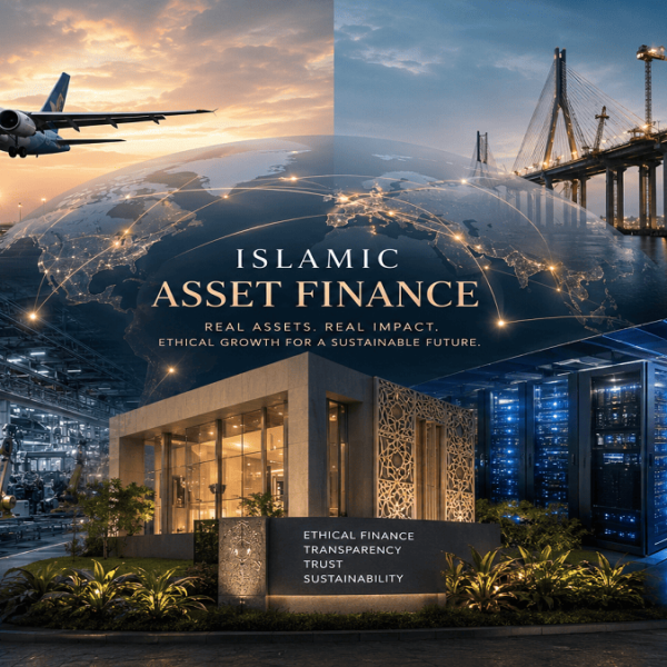 A futuristic global Islamic asset finance network showing aircraft, factories, and infrastructure connected with a “mayugroup.in” watermark in the bottom-left corner.