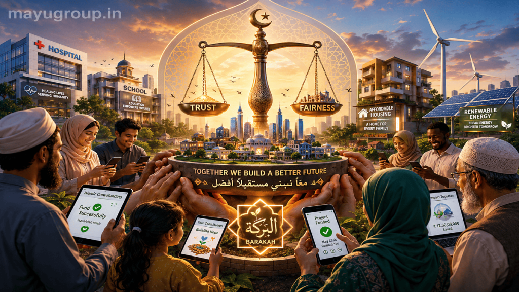 A cinematic illustration of people collaboratively funding hospitals, schools, housing, and renewable energy projects through Islamic crowdfunding with a symbolic scale of fairness.