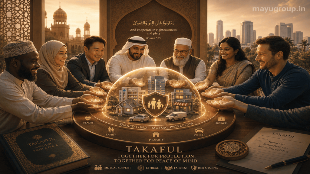A cinematic illustration of diverse people forming a circle of trust, contributing to a shared Islamic insurance fund that protects homes, businesses, and healthcare services.
