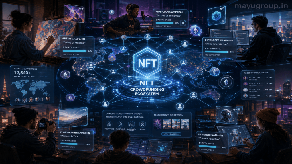 A global digital network connecting creators and supporters through NFT crowdfunding using blockchain technology and floating digital tokens.