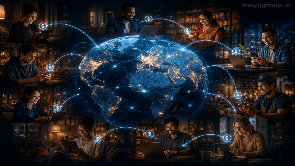 A global network of people connected through digital devices participating in peer funding across different countries.