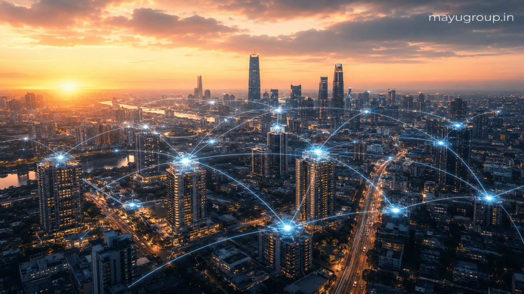 A cinematic aerial view of a modern city with buildings connected by glowing digital network lines representing real estate crowdfunding investments.