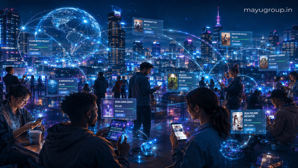 A futuristic city scene showing people using smartphones connected through glowing digital networks representing crowdfunding participation.