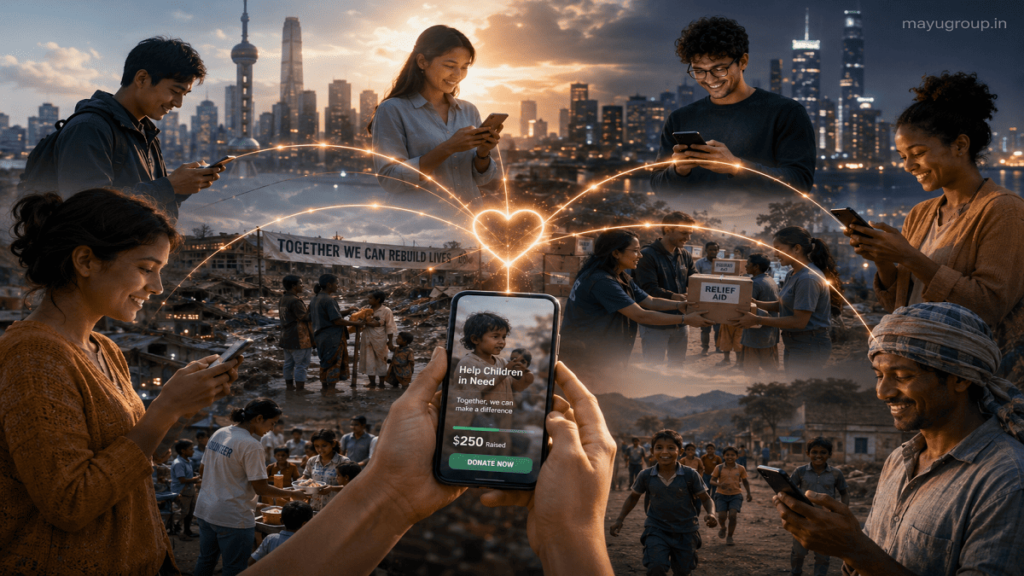 Diverse people using smartphones in a city environment connected through a digital network representing social crowdfunding support.