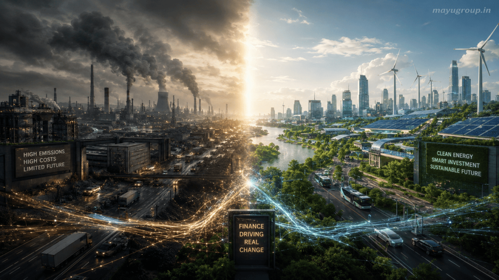 Split-scene showing polluted industrial area transforming into a clean green city with renewable energy systems like solar panels, wind turbines, and electric transport.
