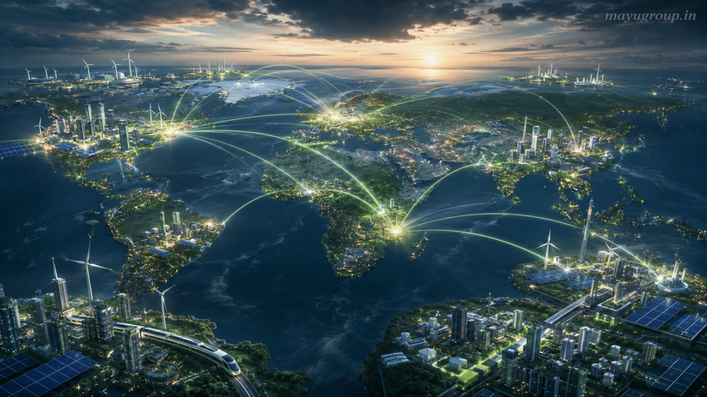 Futuristic global city network connected by glowing energy lines showing renewable energy systems, green buildings, and clean transport infrastructure.