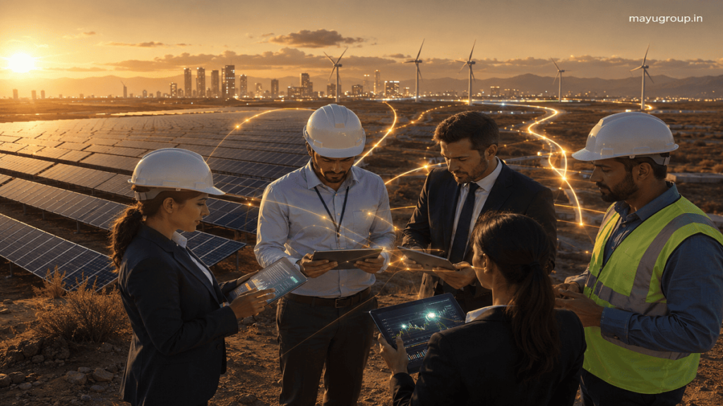 Engineers and financial professionals analyzing renewable energy project data at a large solar farm with wind turbines in the background.