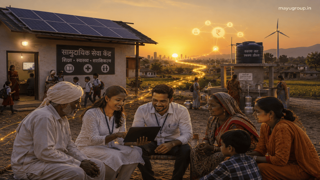 Rural community members and social workers collaborating at a solar-powered community center with digital devices and development planning.