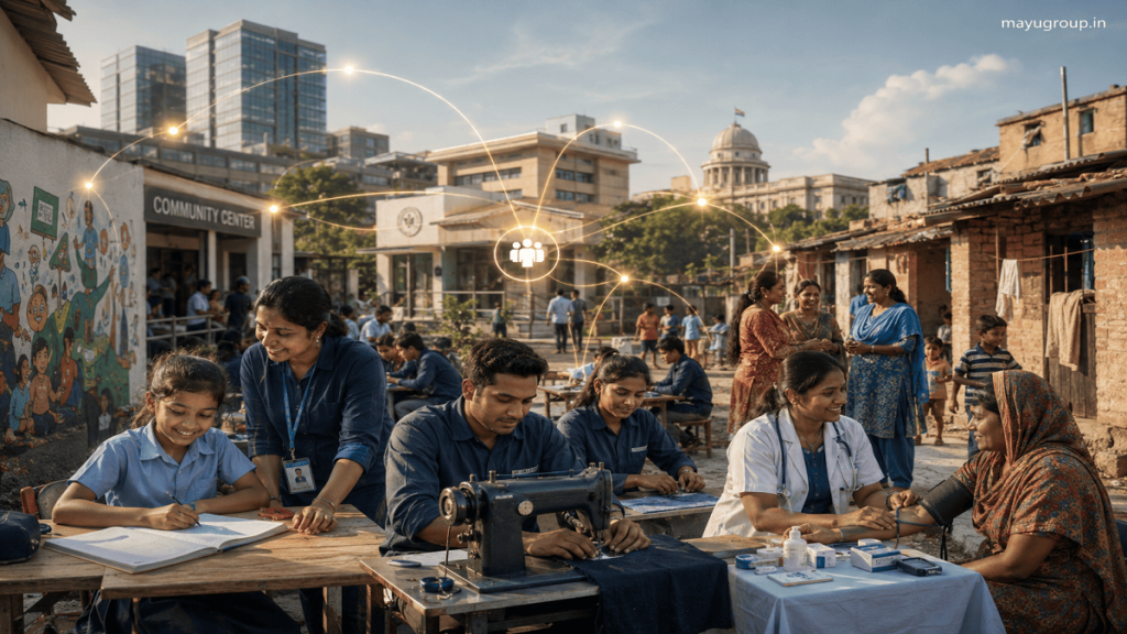 Community members and social workers engaged in education, job training, and healthcare support activities in a semi-urban neighborhood with subtle funding flow visuals.