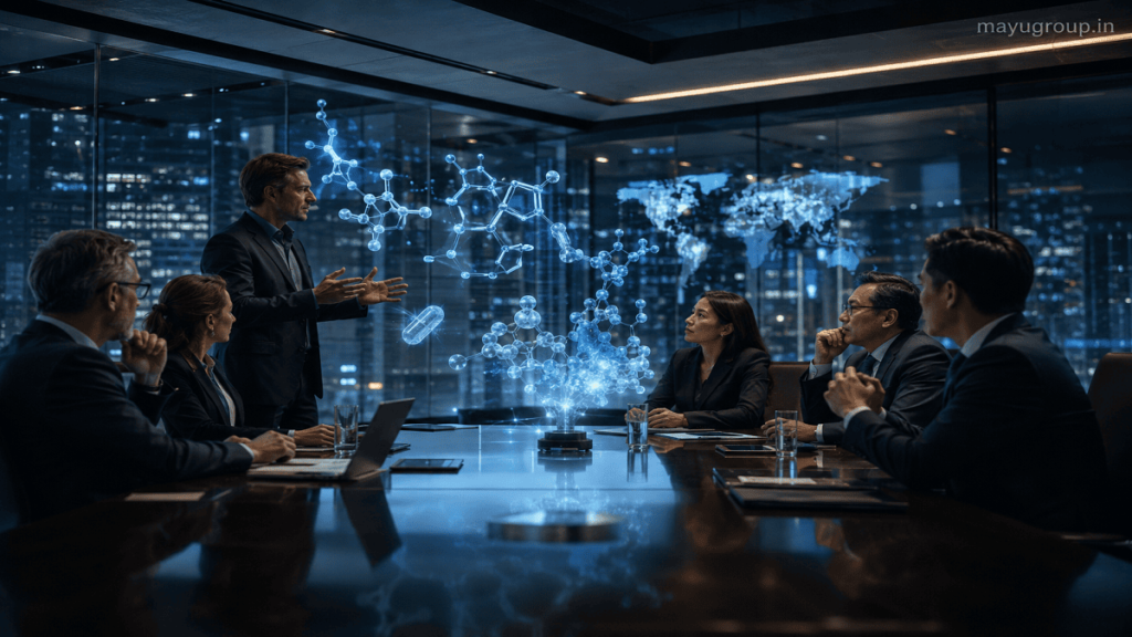 Business professionals in a futuristic glass boardroom discussing biotechnology funding, with holographic molecular models and drug development visuals, cinematic corporate setting, watermark “mayugroup.in” in the top right corner.