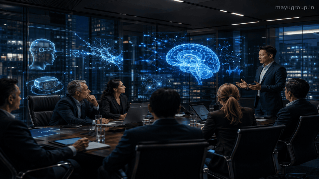 Investors and BrainTech founders in a futuristic boardroom discussing neurotechnology funding, with holographic brain signals and neural interface projections, cinematic corporate setting, watermark “mayugroup.in” in the top right corner.