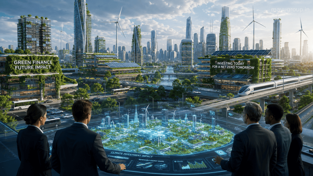 Futuristic smart city with electric vehicles, green buildings, solar panels, and investors analyzing sustainability models with holographic displays, cinematic environment, watermark “mayugroup.in” in the top right corner.