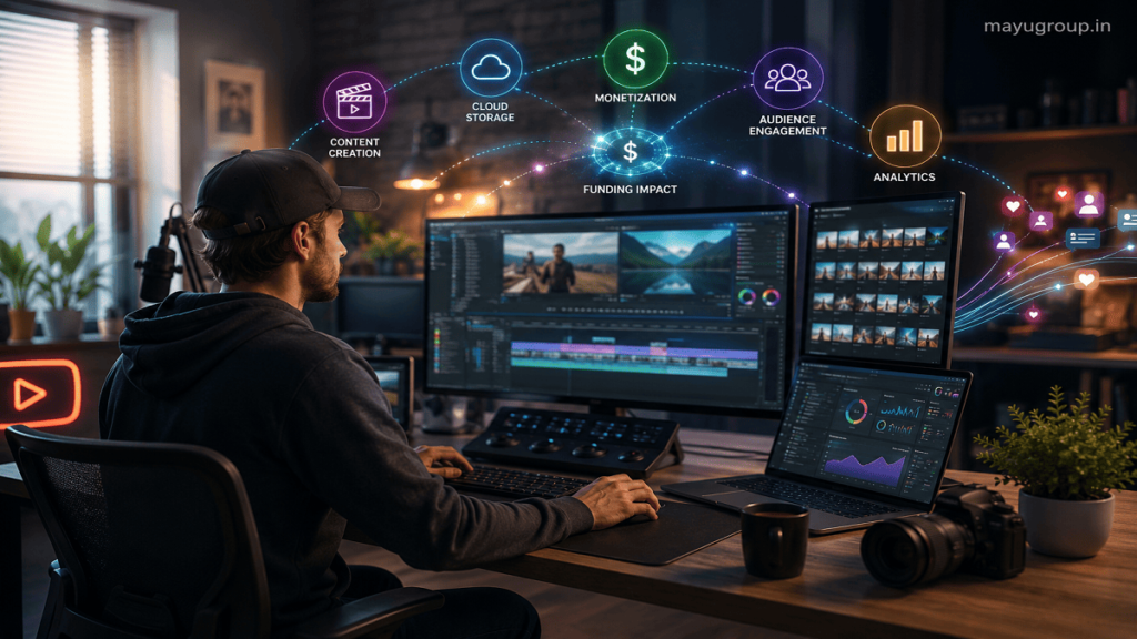 A digital content creator working in a modern studio with multiple monitors showing editing tools, analytics, and creative workflows with glowing digital connections.
