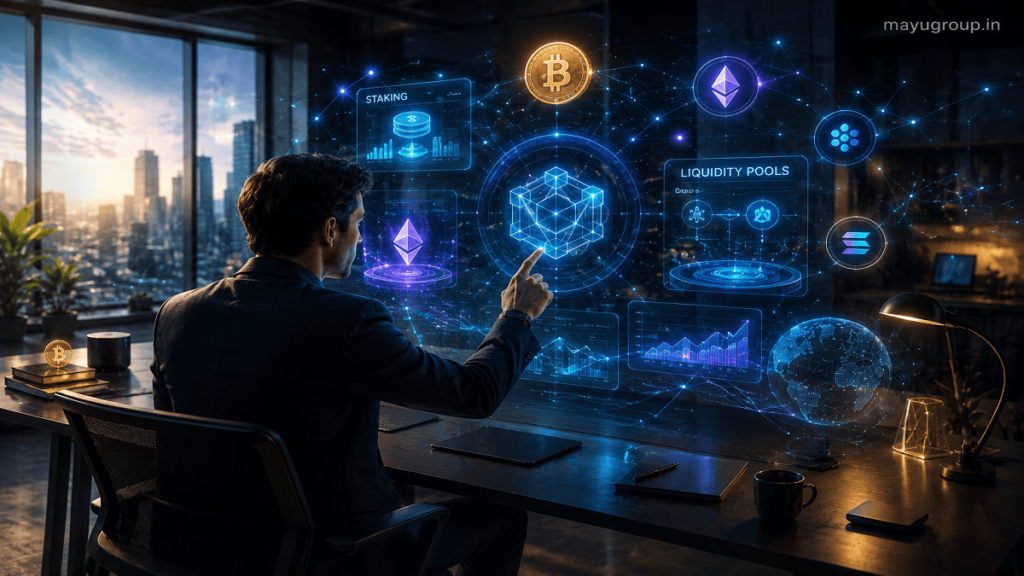 A modern investor interacting with holographic DeFi interfaces showing staking, liquidity pools, and blockchain-based financial systems.