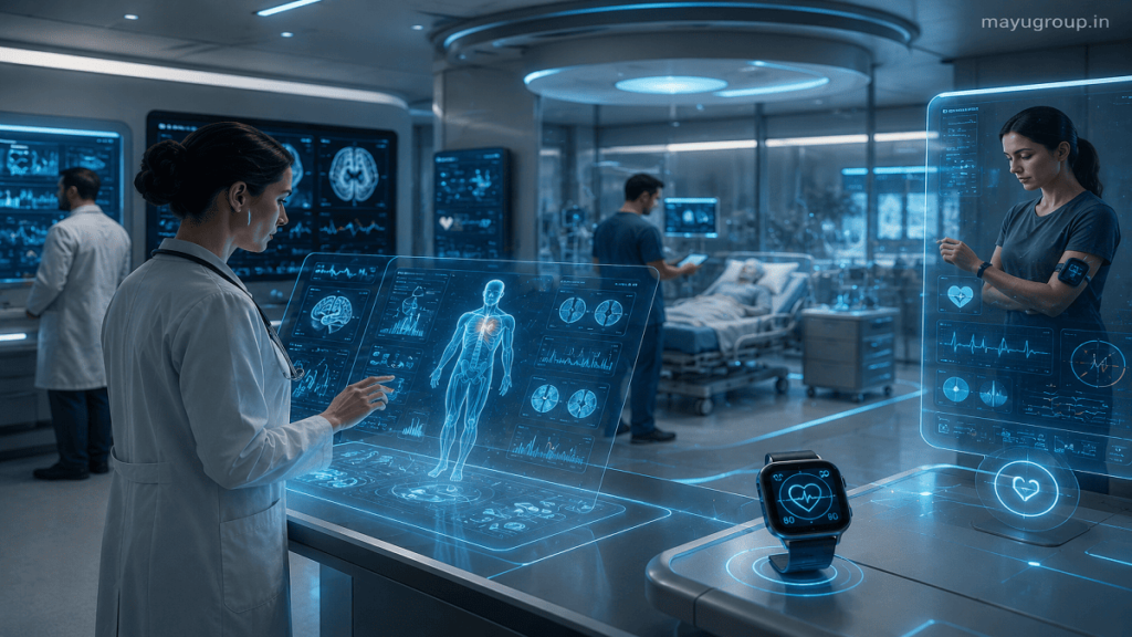 An investor viewing holographic digital health systems including telemedicine, AI diagnostics, and wearable health technology connected to global healthcare networks.