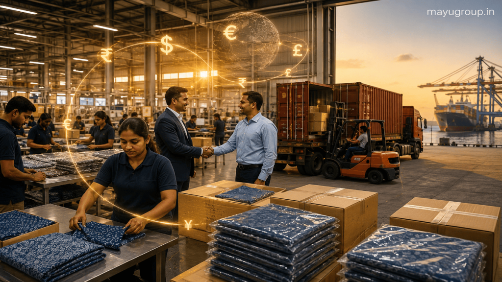 Industrial factory scene with workers packaging goods, shipping containers being loaded for export, and subtle glowing financial growth cues, with watermark “mayugroup.in” at the top right.