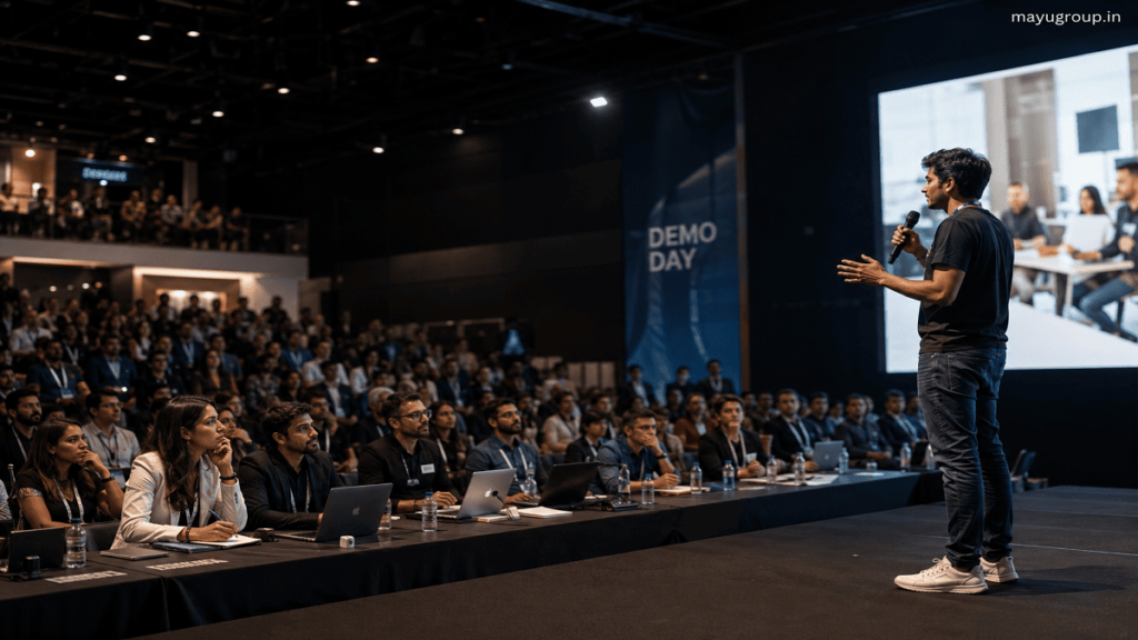 Startup founder presenting on stage during an international accelerator demo day in front of investors and mentors in a modern auditorium.