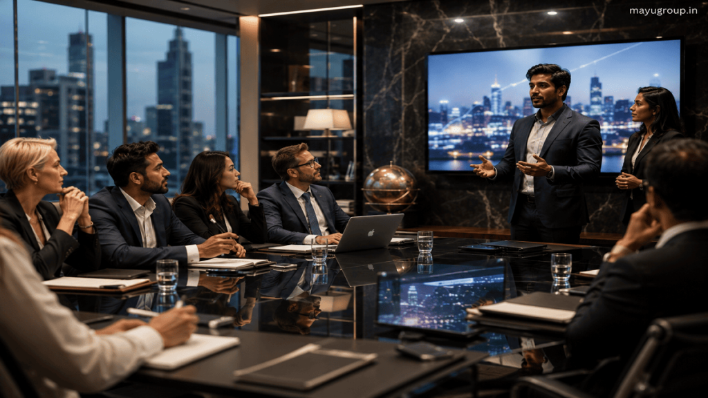 Startup founder presenting a business pitch to international investors in a modern boardroom during a funding meeting.