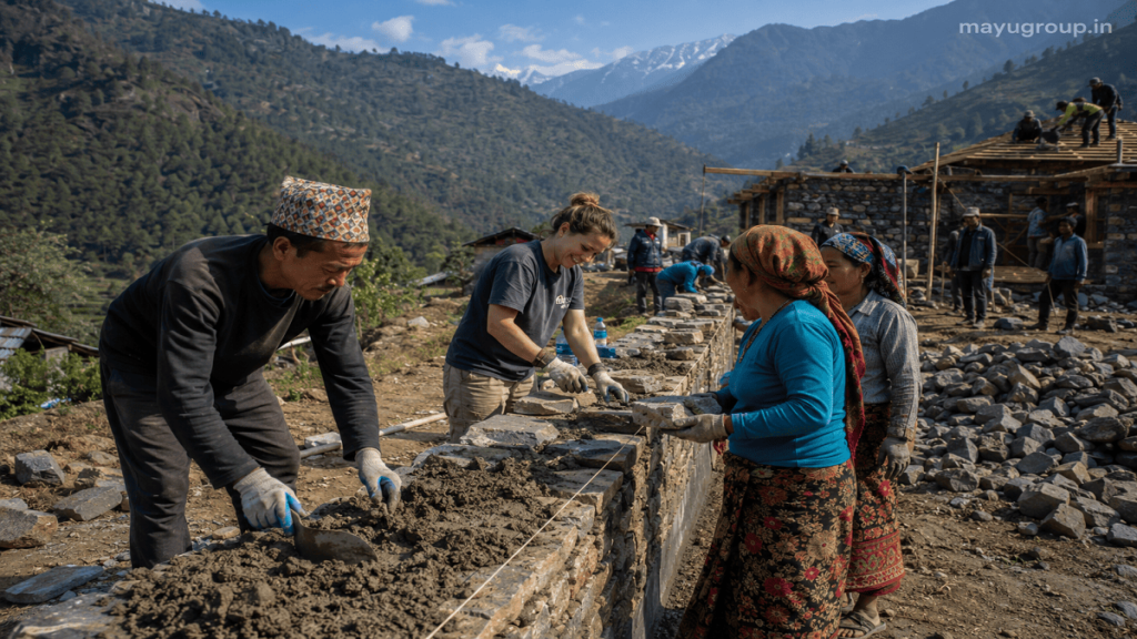 NGO workers and community members collaborating on an international grant-funded development project in a rural area.