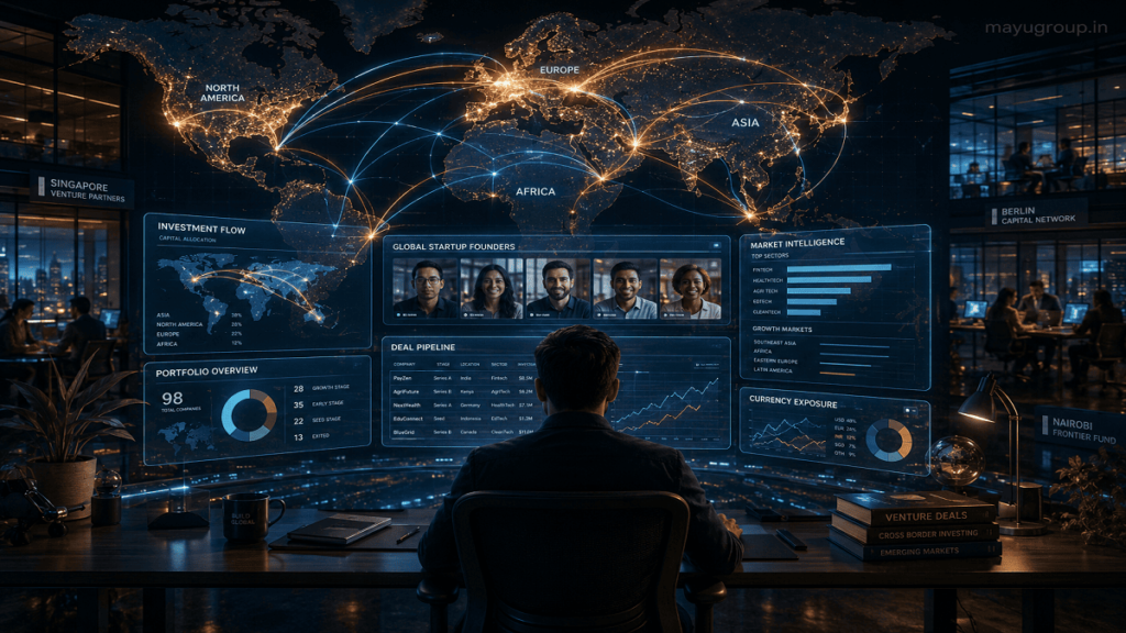 Investor using multiple digital screens showing global startup connections and financial flows across continents in a futuristic workspace.