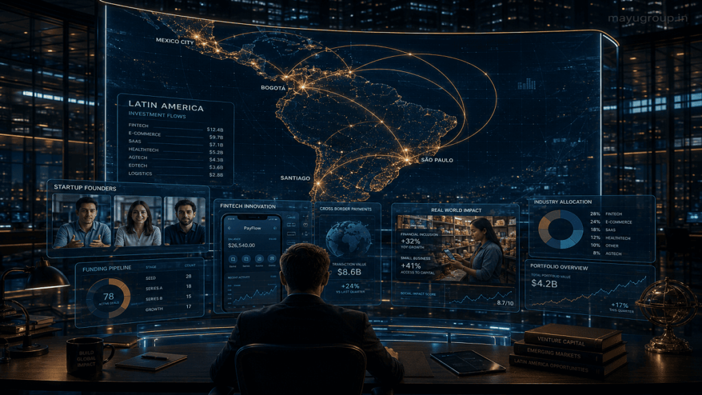 Investor analyzing digital screens showing Latin American cities connected by glowing funding flows and startup ecosystems.